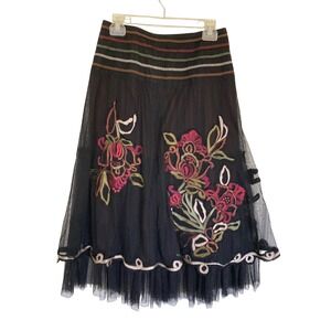 Basil & Maude Black Floral‎ Embroidered Mesh Tulle Hem Midi Skirt Size 4 Boho